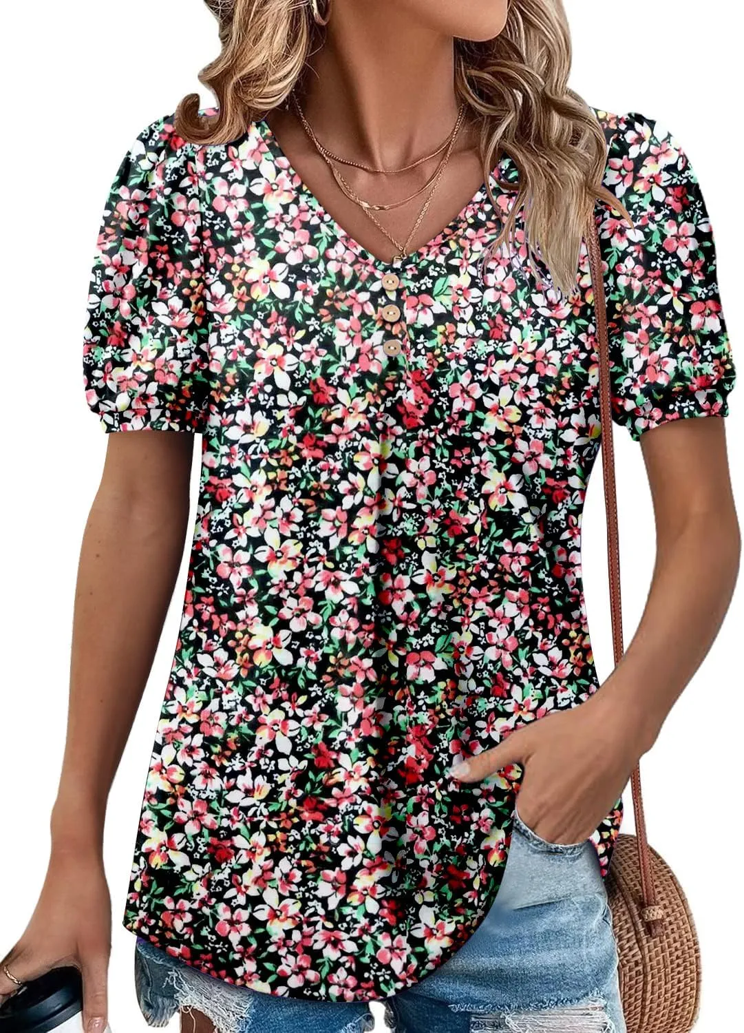 Angerella Women Tunic Tops Dressy Casual Summer Short Sleeve V Neck Shirts Floral Loose Fit Pleated Boho Top S-3XL