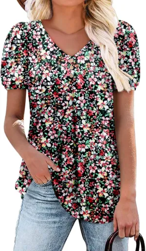 Angerella Women Tunic Tops Dressy Casual Summer Short Sleeve V Neck Shirts Floral Loose Fit Pleated Boho Top S-3XL