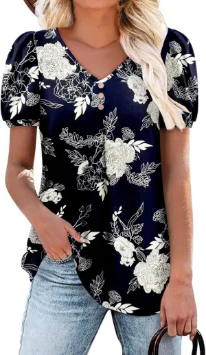Angerella Women Tunic Tops Dressy Casual Summer Short Sleeve V Neck Shirts Floral Loose Fit Pleated Boho Top S-3XL