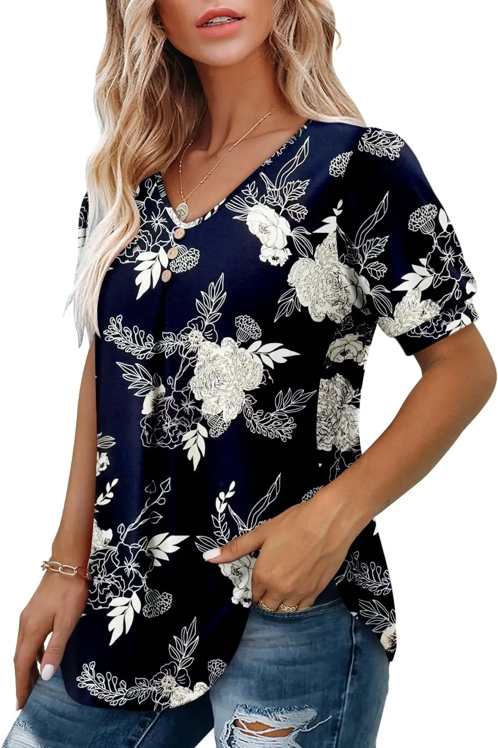 Angerella Women Tunic Tops Dressy Casual Summer Short Sleeve V Neck Shirts Floral Loose Fit Pleated Boho Top S-3XL