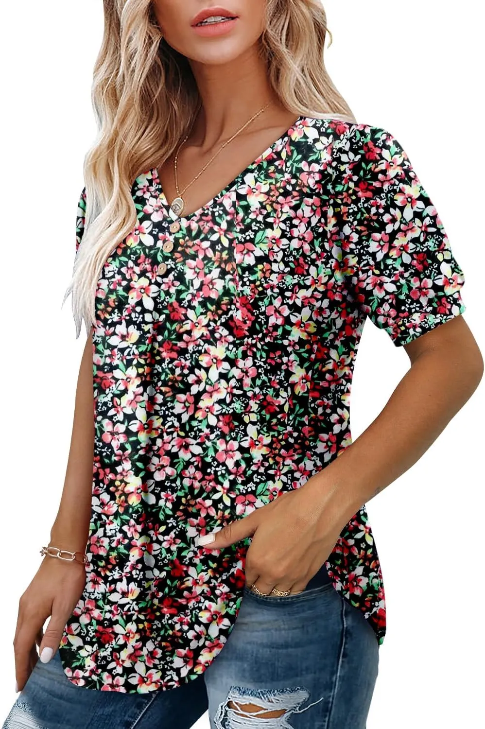 Angerella Women Tunic Tops Dressy Casual Summer Short Sleeve V Neck Shirts Floral Loose Fit Pleated Boho Top S-3XL