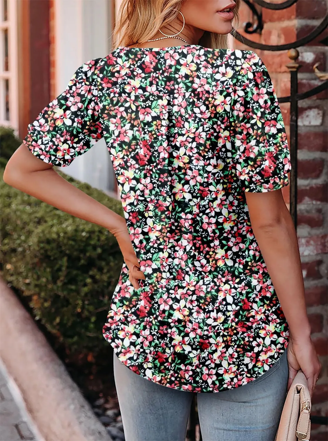 Angerella Women Tunic Tops Dressy Casual Summer Short Sleeve V Neck Shirts Floral Loose Fit Pleated Boho Top S-3XL