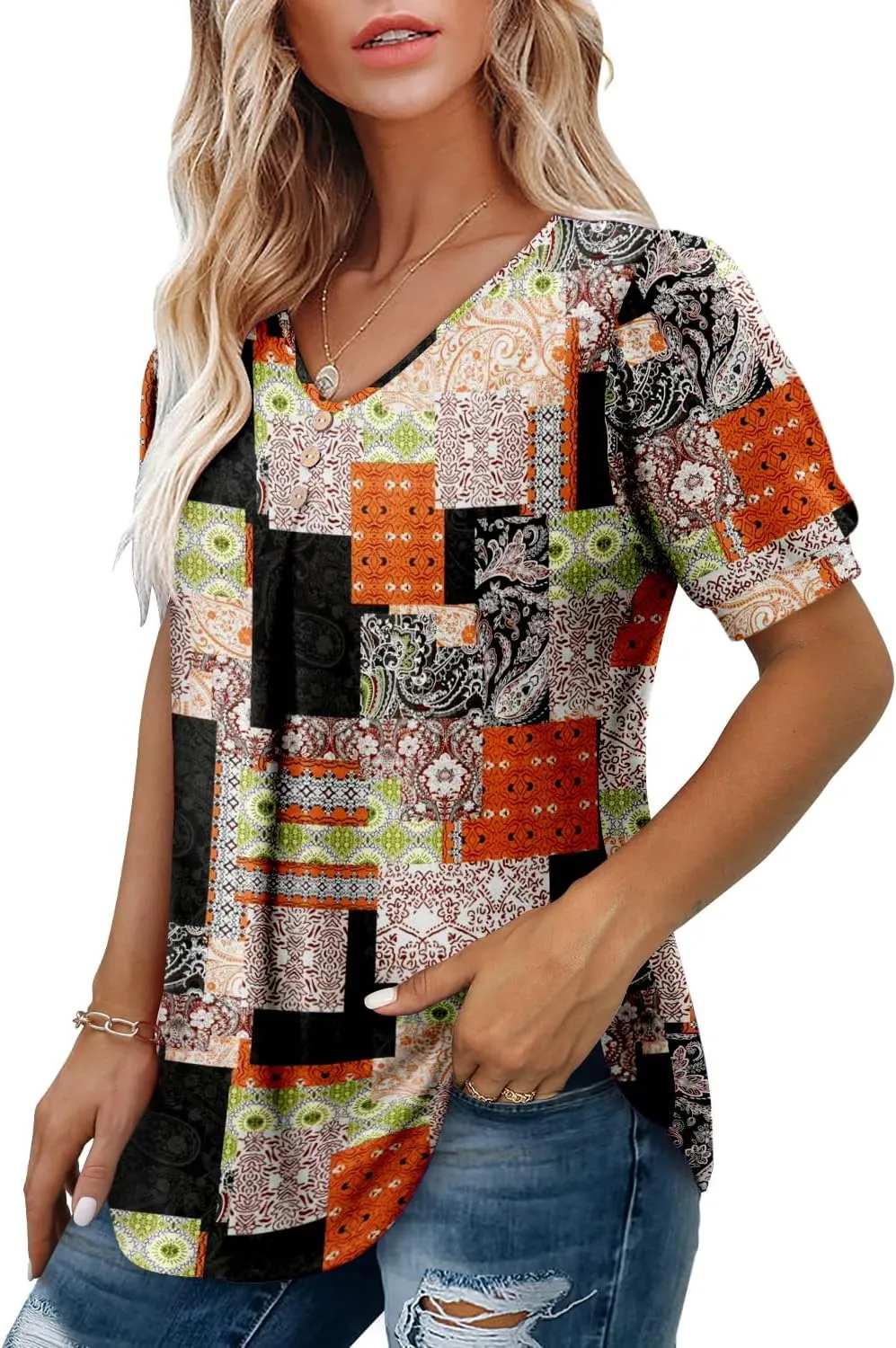 Angerella Women Tunic Tops Dressy Casual Summer Short Sleeve V Neck Shirts Floral Loose Fit Pleated Boho Top S-3XL
