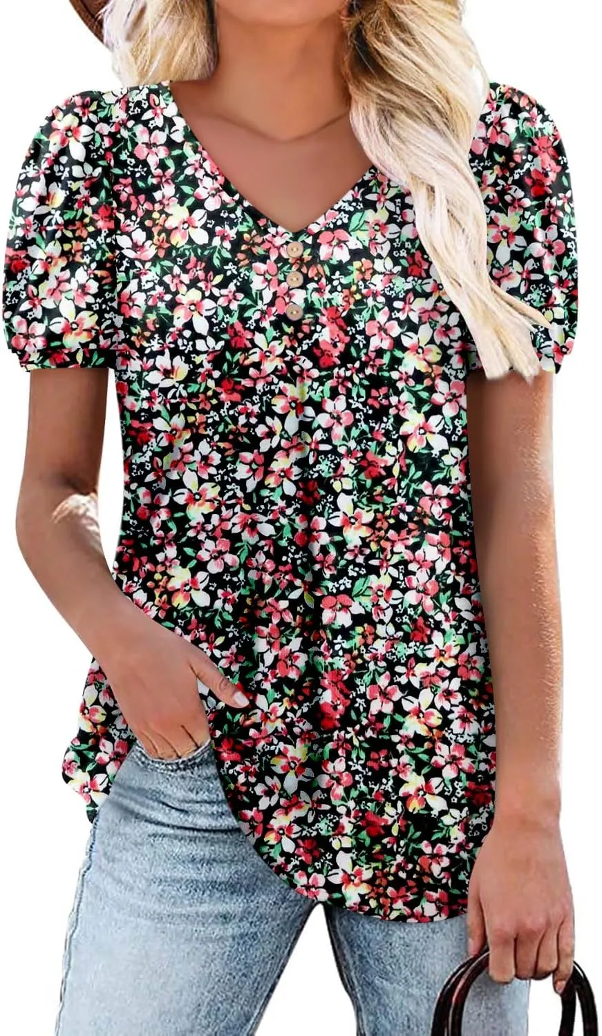 Angerella Women Tunic Tops Dressy Casual Summer Short Sleeve V Neck Shirts Floral Loose Fit Pleated Boho Top S-3XL