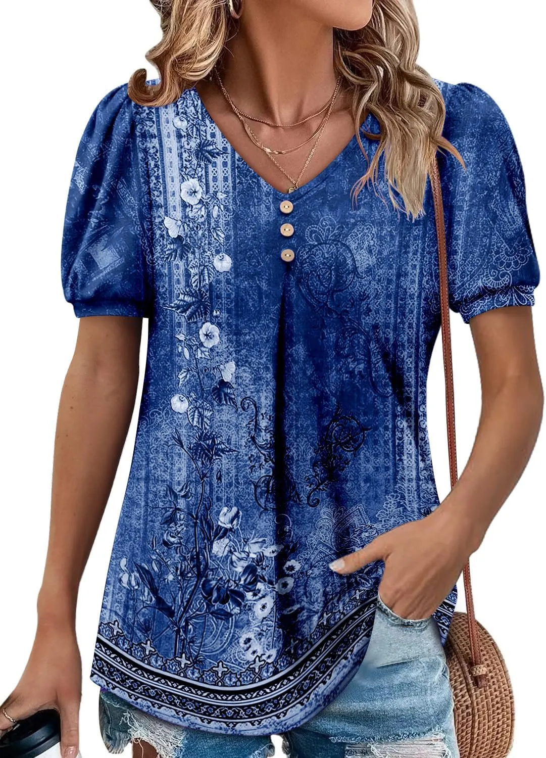 Angerella Women Tunic Tops Dressy Casual Summer Short Sleeve V Neck Shirts Floral Loose Fit Pleated Boho Top S-3XL
