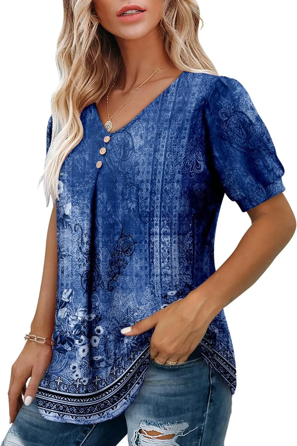 Angerella Women Tunic Tops Dressy Casual Summer Short Sleeve V Neck Shirts Floral Loose Fit Pleated Boho Top S-3XL