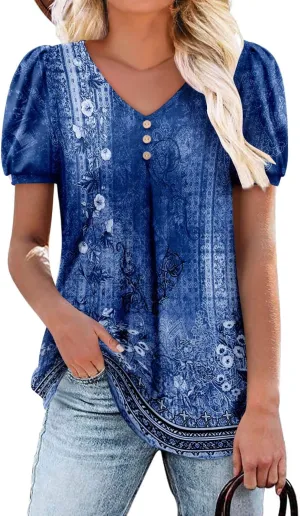 Angerella Women Tunic Tops Dressy Casual Summer Short Sleeve V Neck Shirts Floral Loose Fit Pleated Boho Top S-3XL