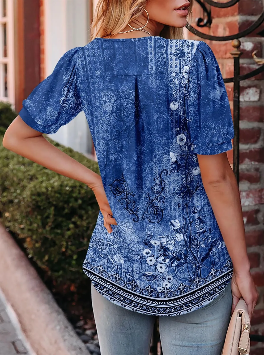 Angerella Women Tunic Tops Dressy Casual Summer Short Sleeve V Neck Shirts Floral Loose Fit Pleated Boho Top S-3XL