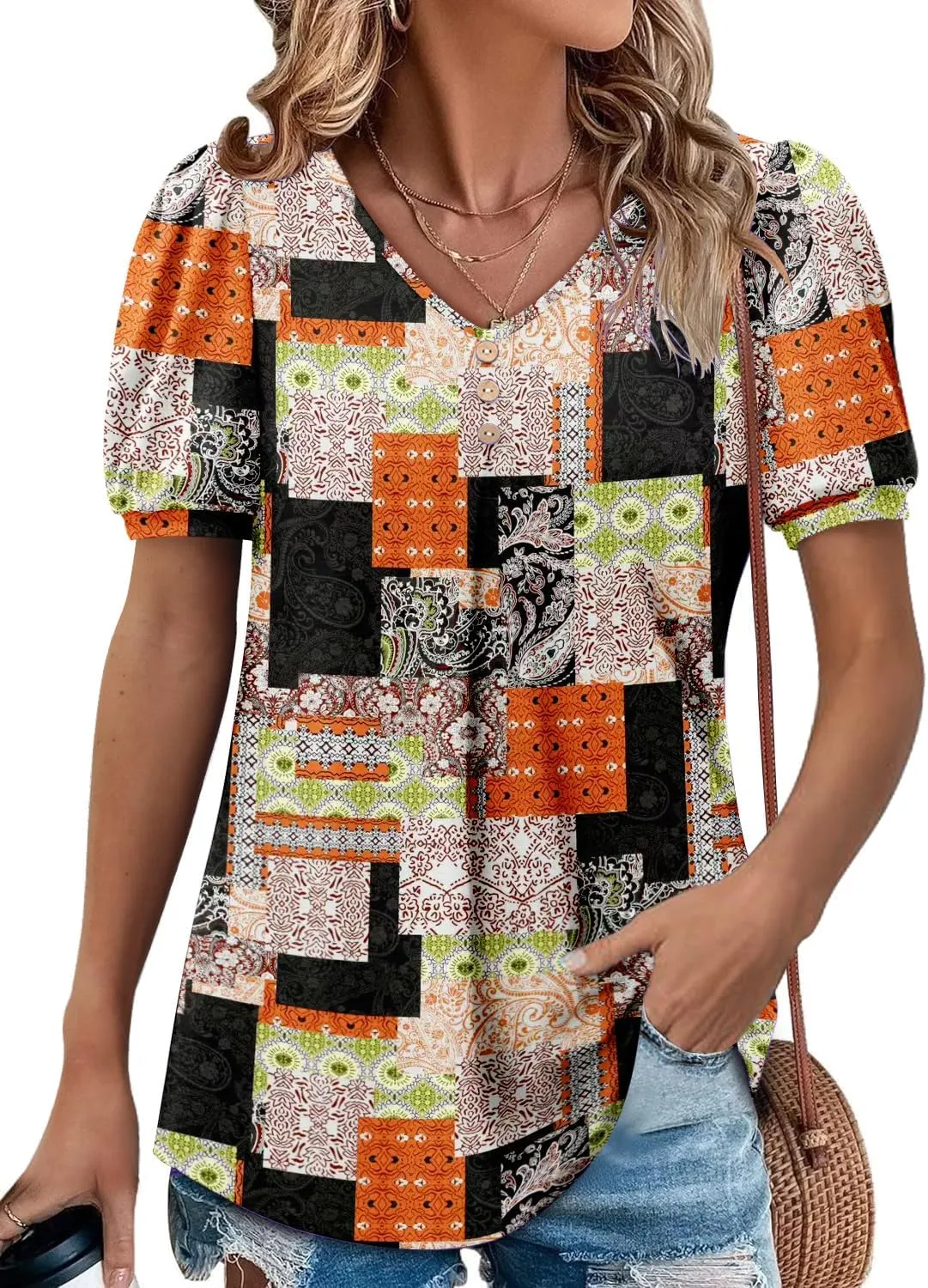 Angerella Women Tunic Tops Dressy Casual Summer Short Sleeve V Neck Shirts Floral Loose Fit Pleated Boho Top S-3XL