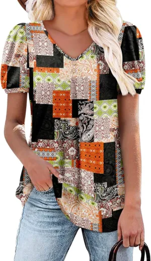 Angerella Women Tunic Tops Dressy Casual Summer Short Sleeve V Neck Shirts Floral Loose Fit Pleated Boho Top S-3XL