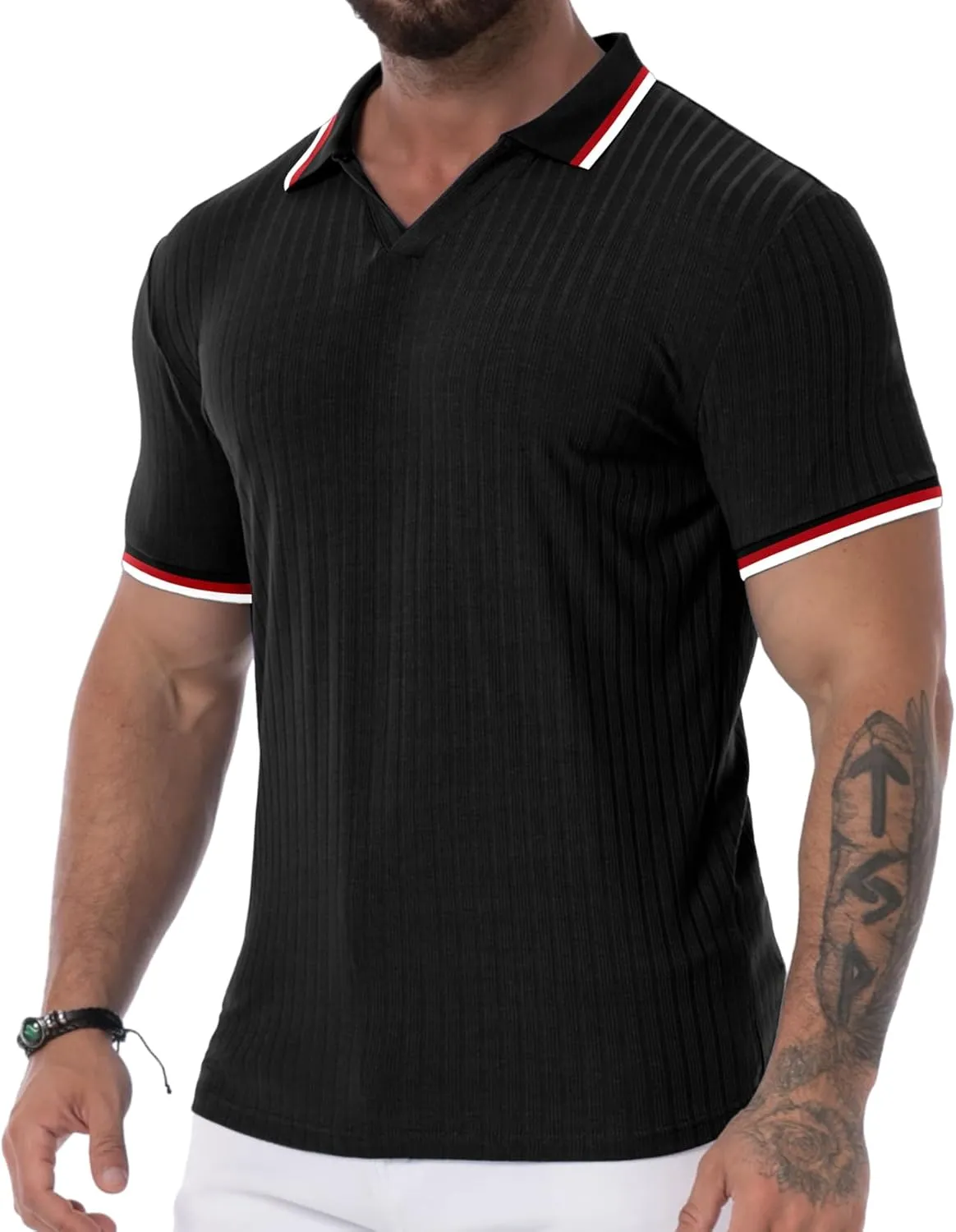 Askdeer Men's Muscle Polo Shirts V Neck Slim Fit Ribbed T Shirts Short/Long Sleeve Golf Collar Shirt Knit Casual Tee