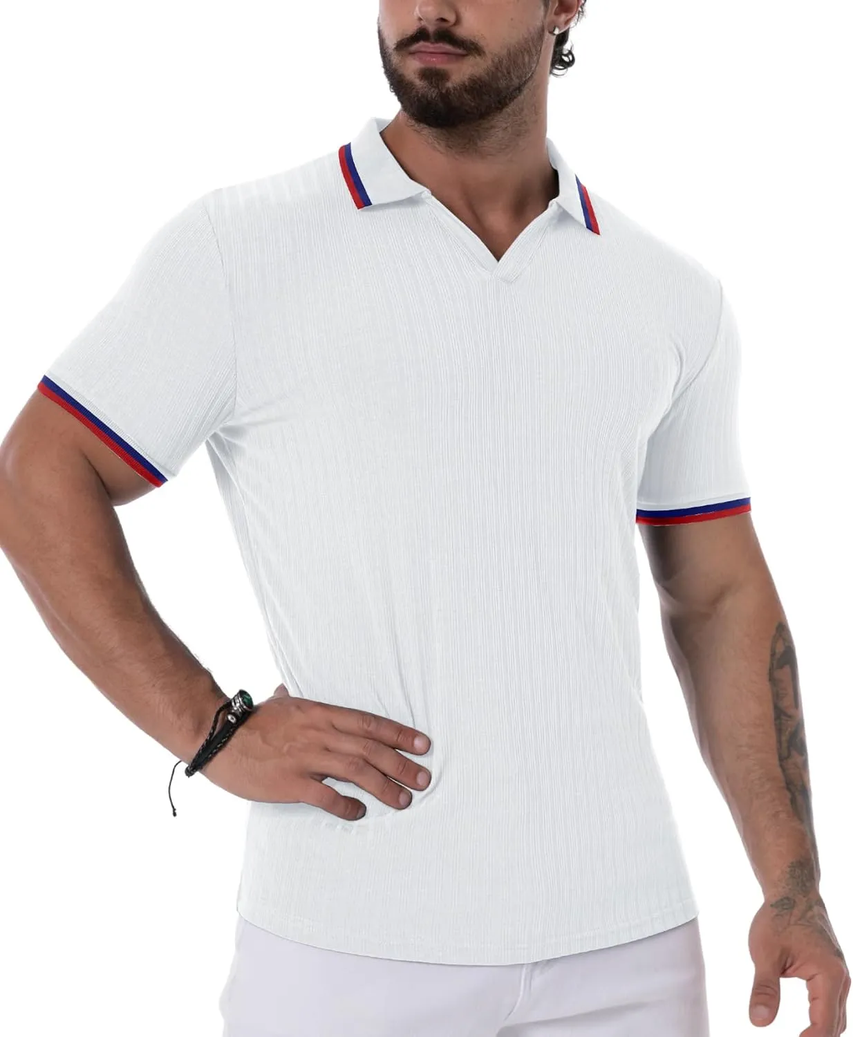 Askdeer Men's Muscle Polo Shirts V Neck Slim Fit Ribbed T Shirts Short/Long Sleeve Golf Collar Shirt Knit Casual Tee