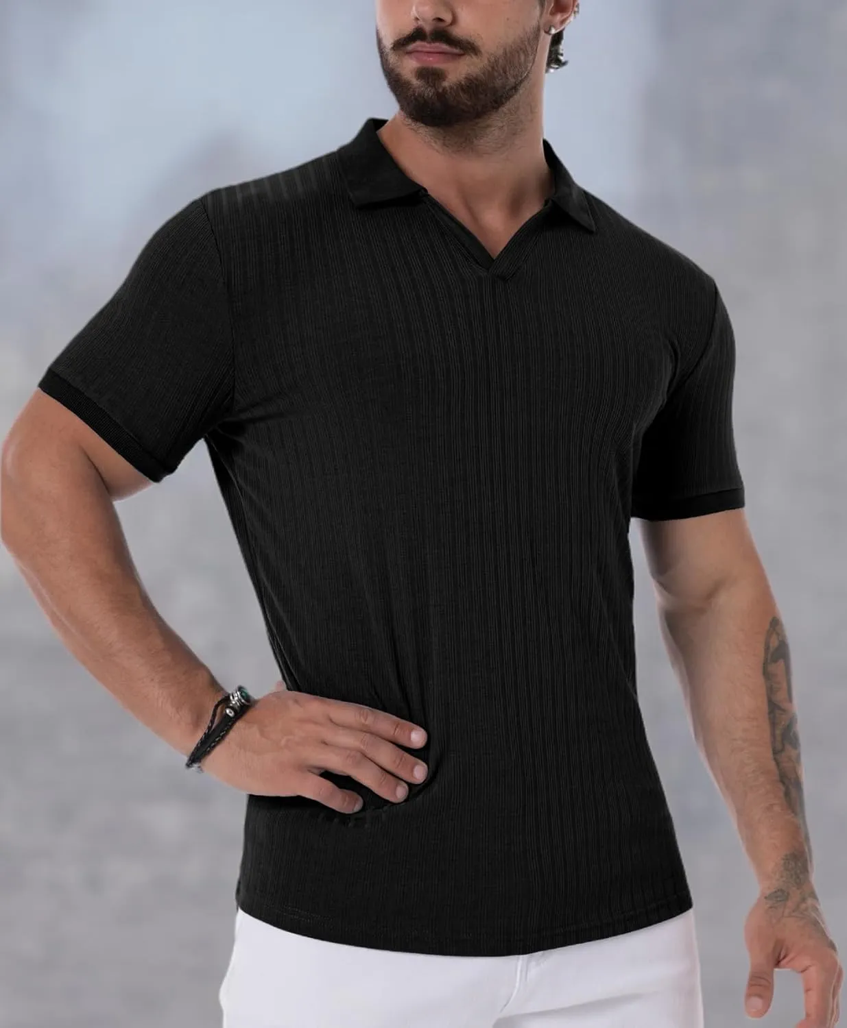 Askdeer Men's Muscle Polo Shirts V Neck Slim Fit Ribbed T Shirts Short/Long Sleeve Golf Collar Shirt Knit Casual Tee