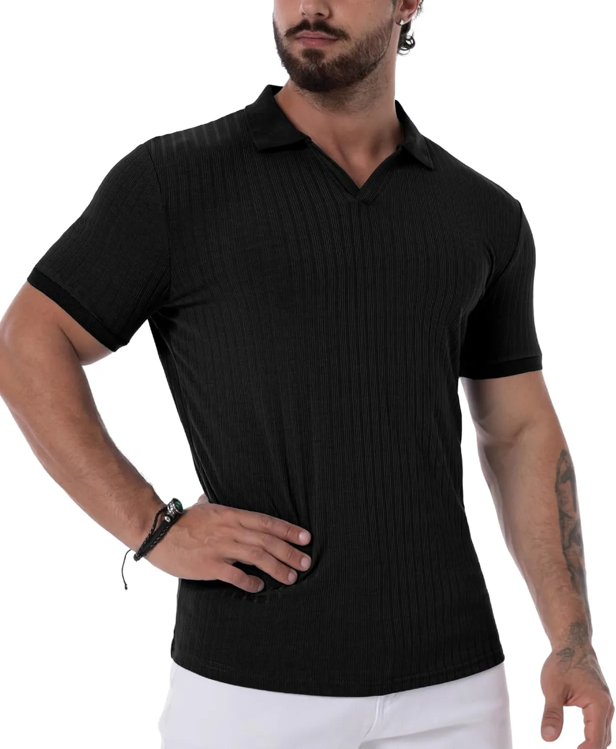 Askdeer Men's Muscle Polo Shirts V Neck Slim Fit Ribbed T Shirts Short/Long Sleeve Golf Collar Shirt Knit Casual Tee