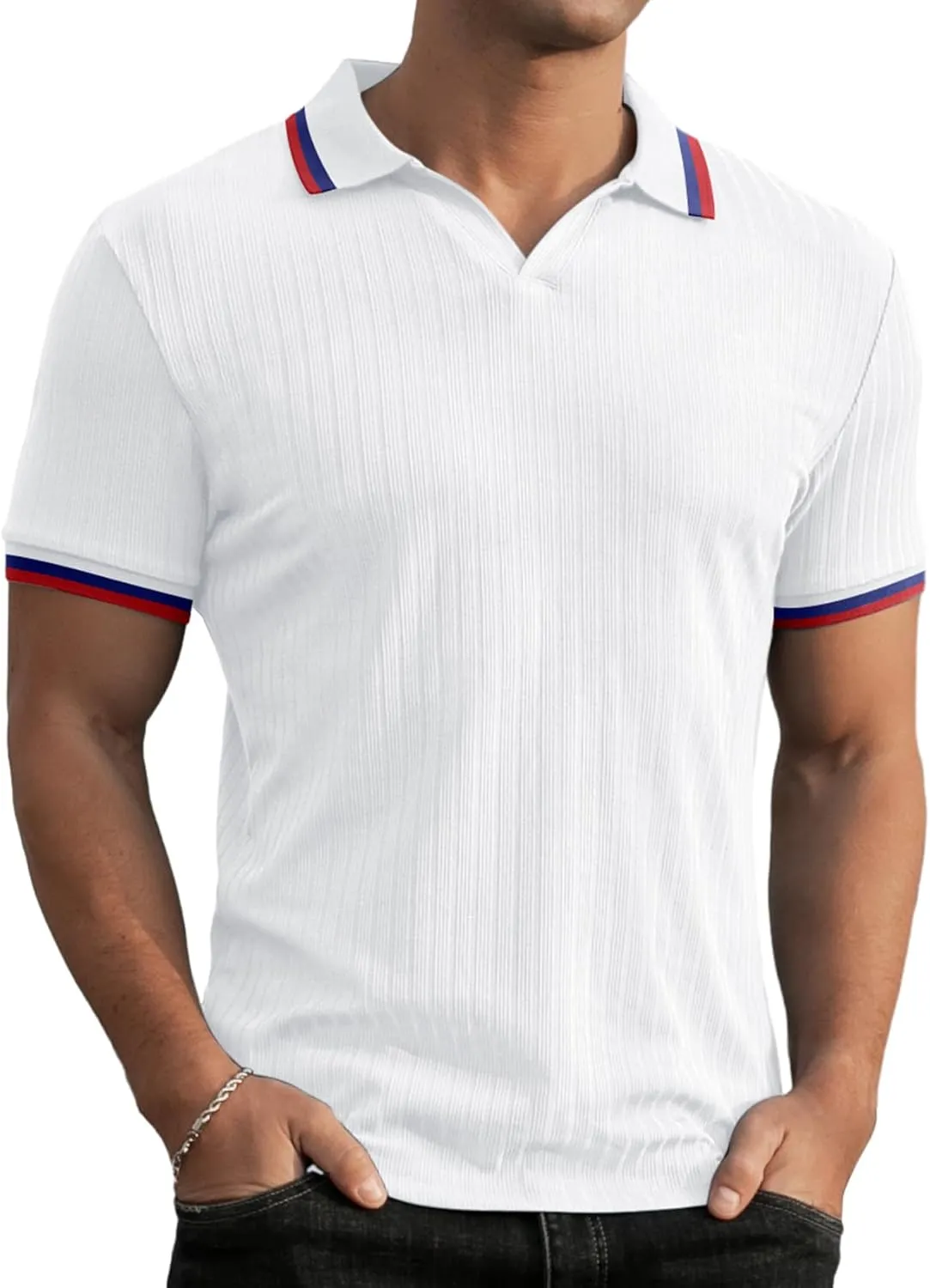 Askdeer Men's Muscle Polo Shirts V Neck Slim Fit Ribbed T Shirts Short/Long Sleeve Golf Collar Shirt Knit Casual Tee