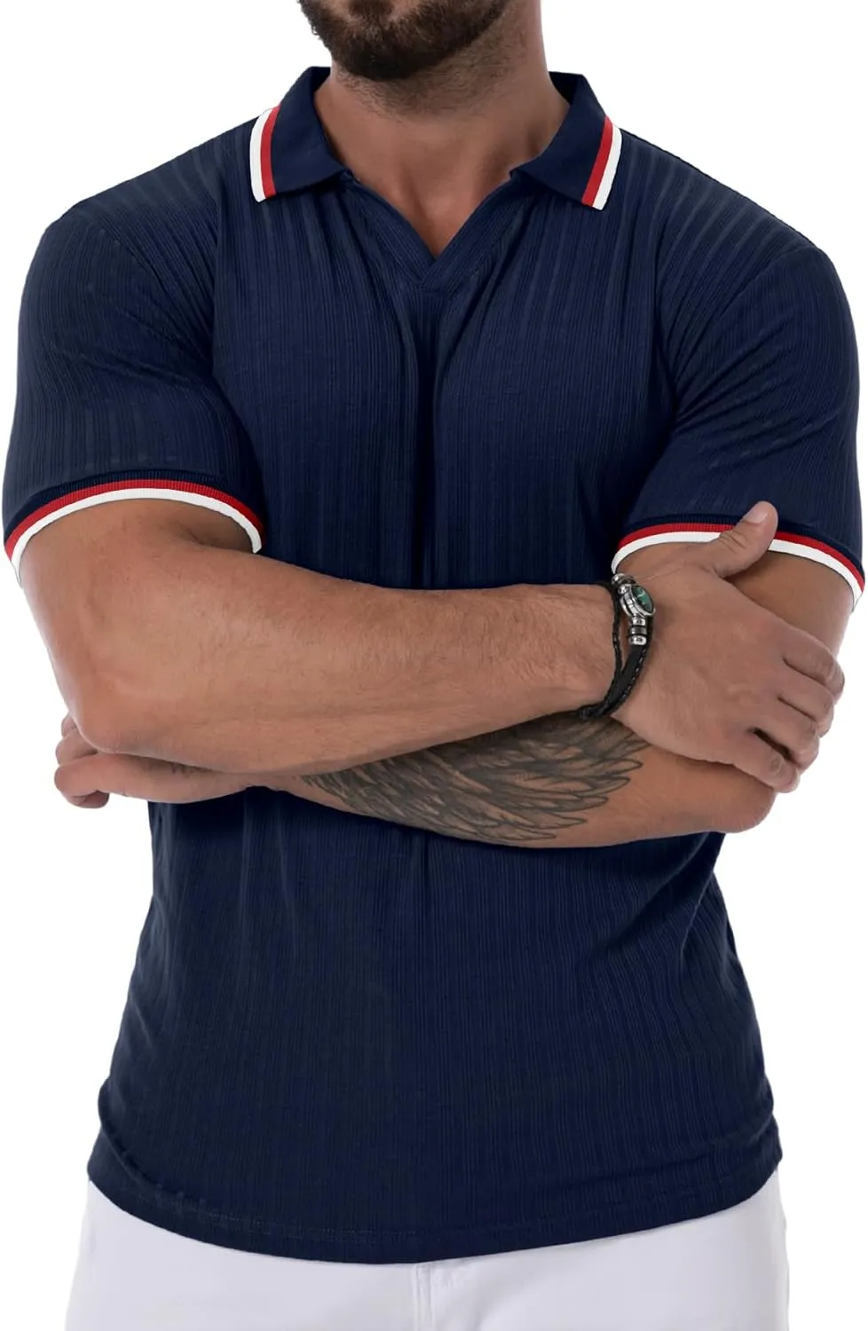 Askdeer Men's Muscle Polo Shirts V Neck Slim Fit Ribbed T Shirts Short/Long Sleeve Golf Collar Shirt Knit Casual Tee