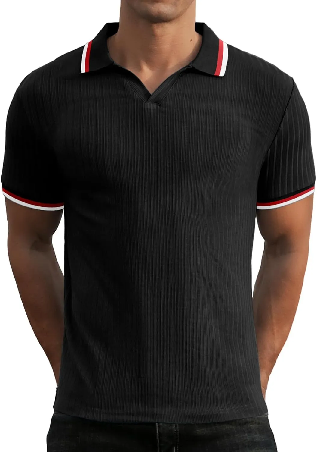 Askdeer Men's Muscle Polo Shirts V Neck Slim Fit Ribbed T Shirts Short/Long Sleeve Golf Collar Shirt Knit Casual Tee