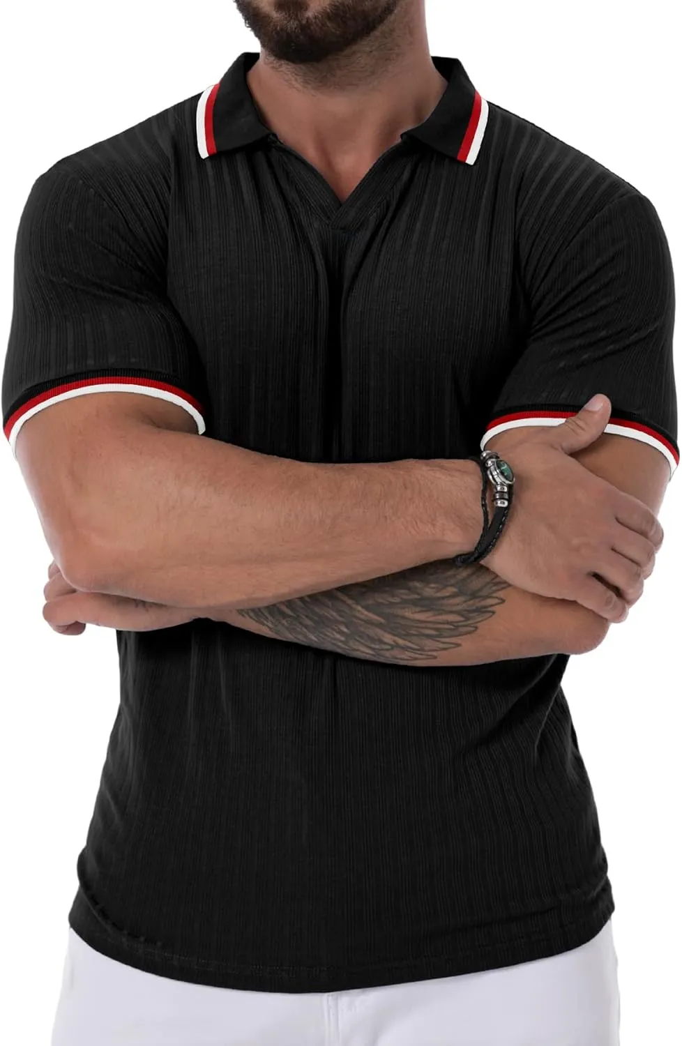 Askdeer Men's Muscle Polo Shirts V Neck Slim Fit Ribbed T Shirts Short/Long Sleeve Golf Collar Shirt Knit Casual Tee