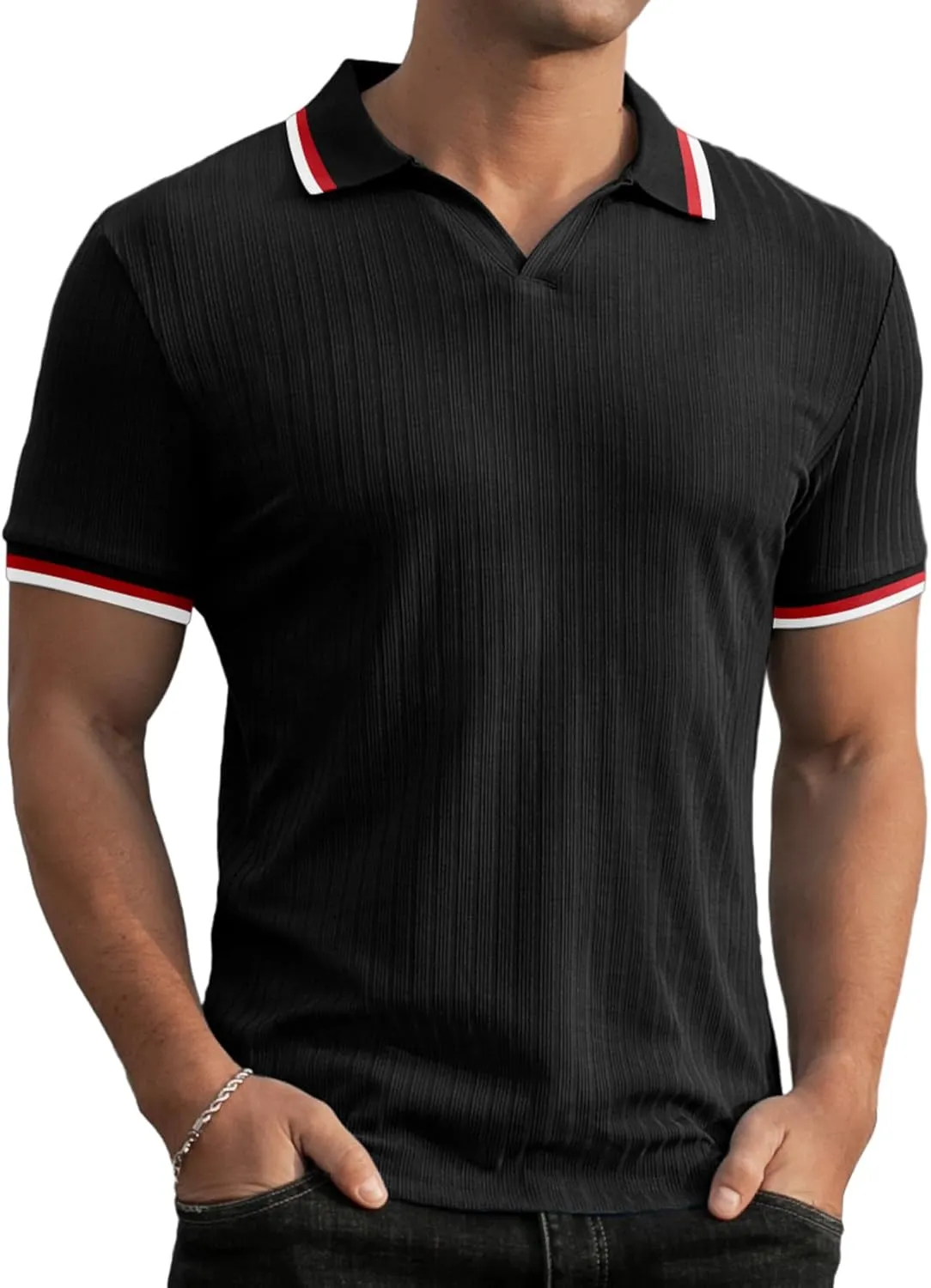 Askdeer Men's Muscle Polo Shirts V Neck Slim Fit Ribbed T Shirts Short/Long Sleeve Golf Collar Shirt Knit Casual Tee