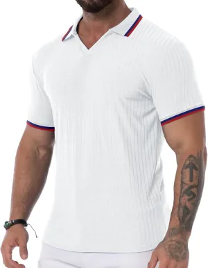 Askdeer Men's Muscle Polo Shirts V Neck Slim Fit Ribbed T Shirts Short/Long Sleeve Golf Collar Shirt Knit Casual Tee