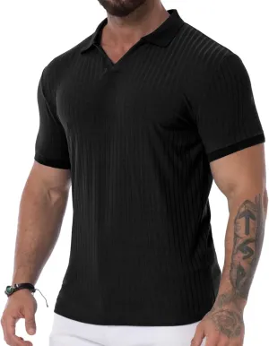 Askdeer Men's Muscle Polo Shirts V Neck Slim Fit Ribbed T Shirts Short/Long Sleeve Golf Collar Shirt Knit Casual Tee