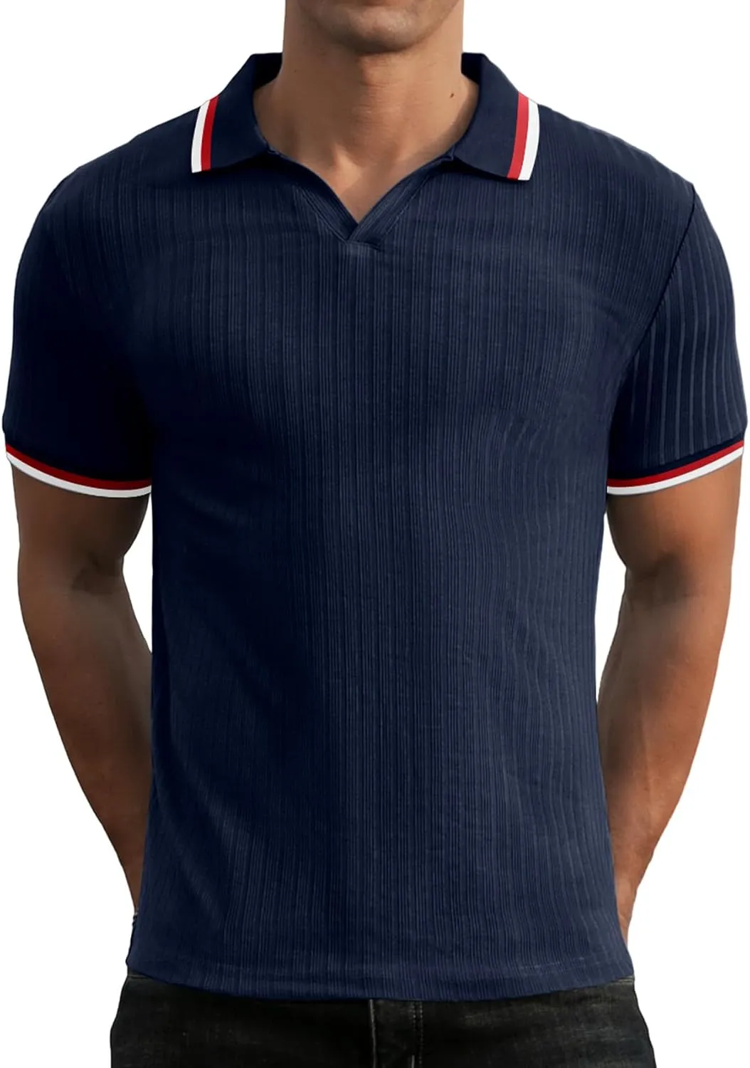Askdeer Men's Muscle Polo Shirts V Neck Slim Fit Ribbed T Shirts Short/Long Sleeve Golf Collar Shirt Knit Casual Tee