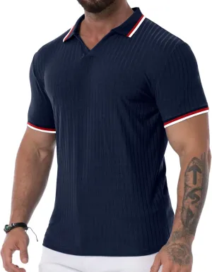 Askdeer Men's Muscle Polo Shirts V Neck Slim Fit Ribbed T Shirts Short/Long Sleeve Golf Collar Shirt Knit Casual Tee
