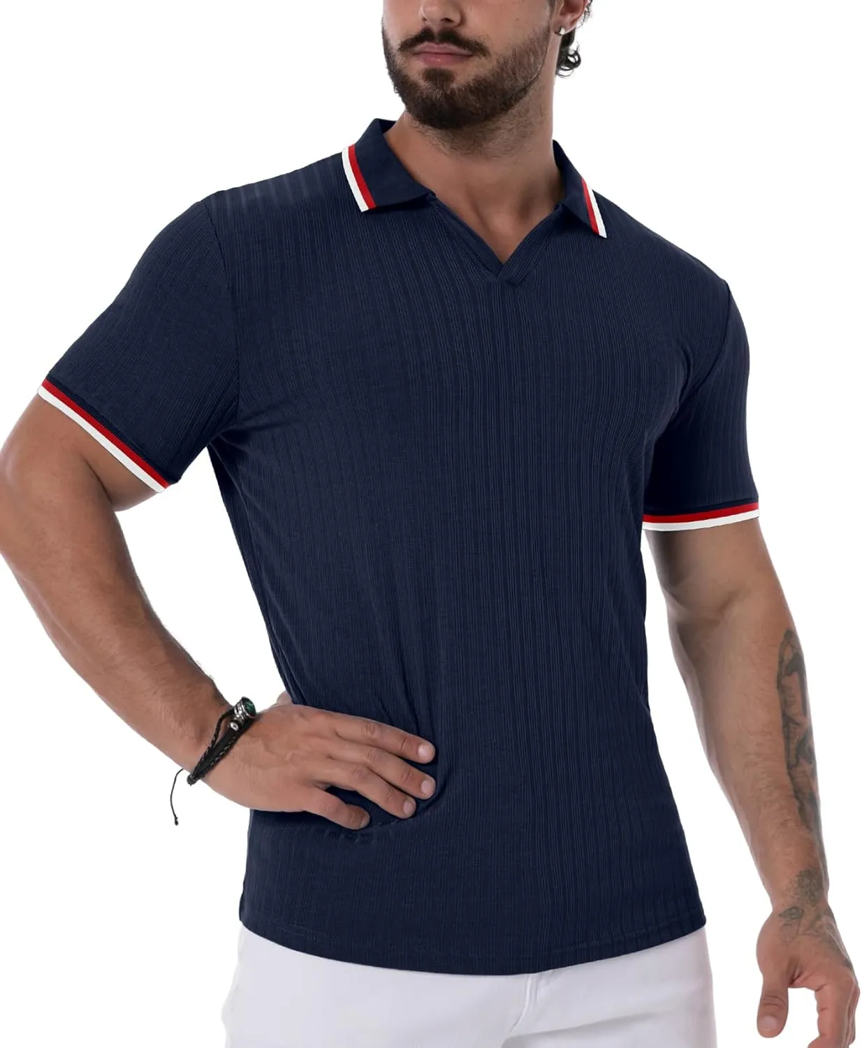 Askdeer Men's Muscle Polo Shirts V Neck Slim Fit Ribbed T Shirts Short/Long Sleeve Golf Collar Shirt Knit Casual Tee