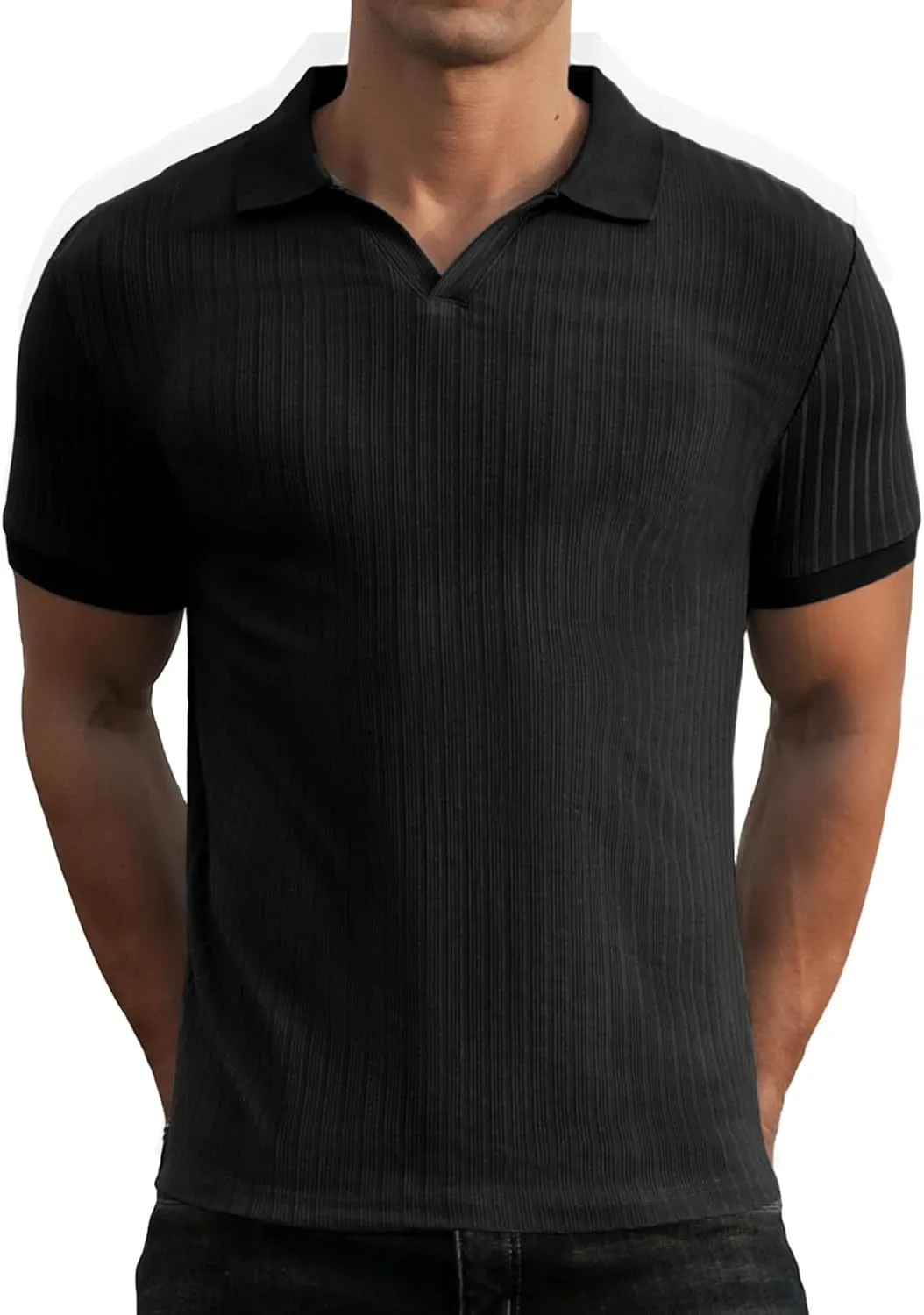 Askdeer Men's Muscle Polo Shirts V Neck Slim Fit Ribbed T Shirts Short/Long Sleeve Golf Collar Shirt Knit Casual Tee