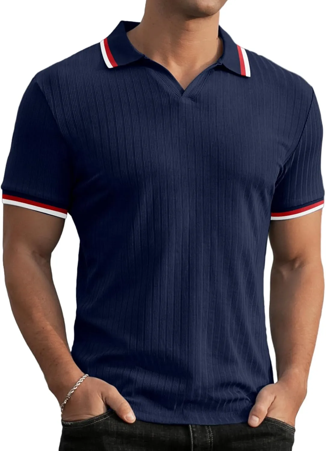 Askdeer Men's Muscle Polo Shirts V Neck Slim Fit Ribbed T Shirts Short/Long Sleeve Golf Collar Shirt Knit Casual Tee