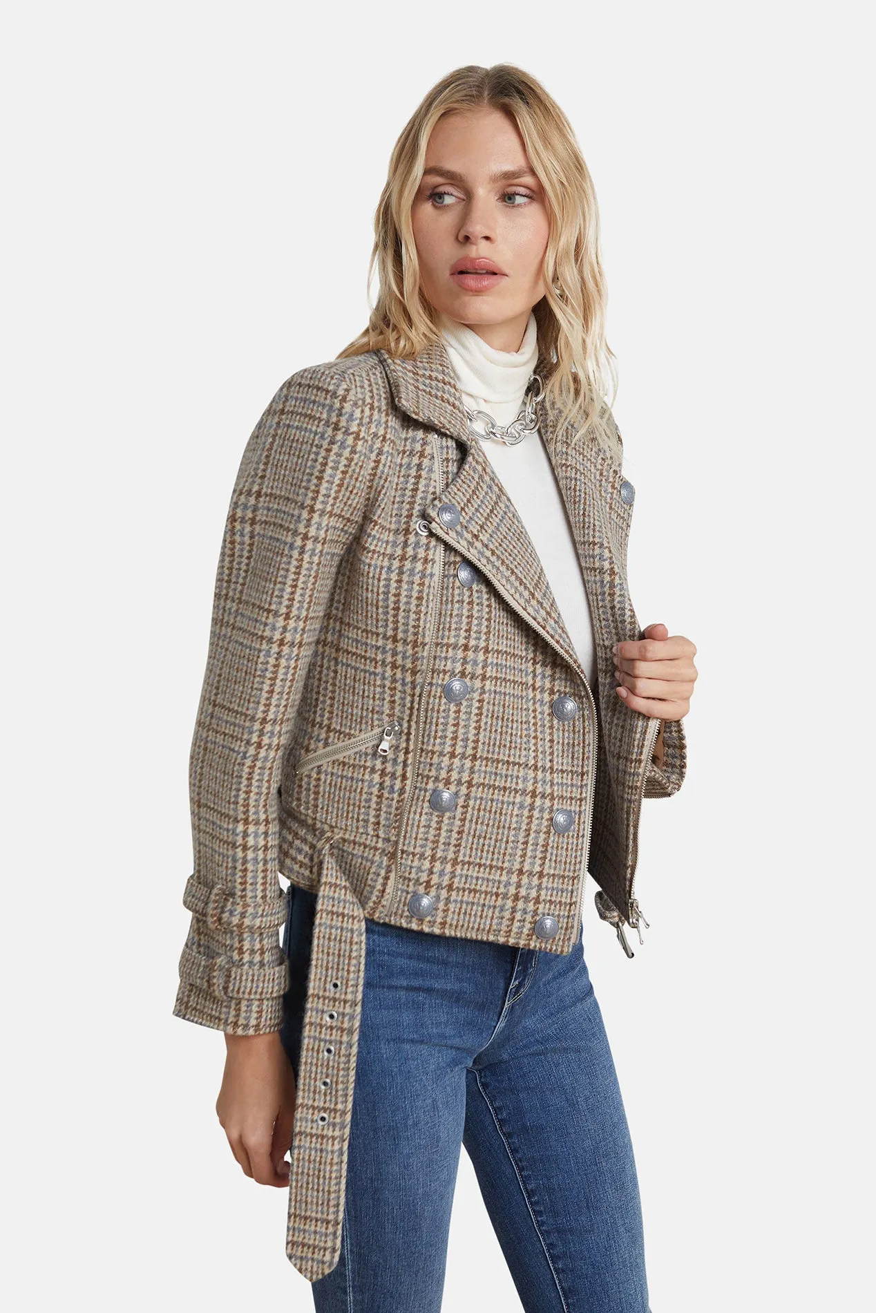 Billie Belted Jacket Beige/Blue Plaid