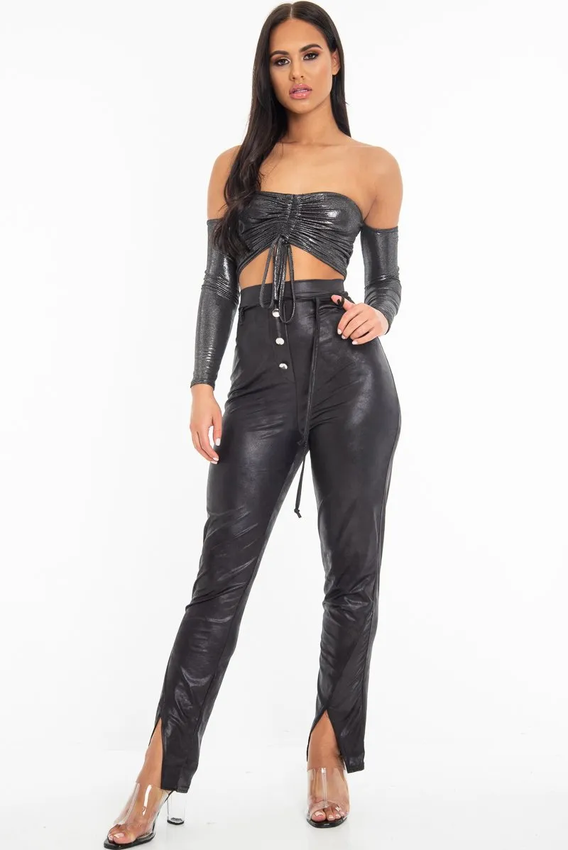 Black Coated Button Front Belted Skinny Trousers - Jade