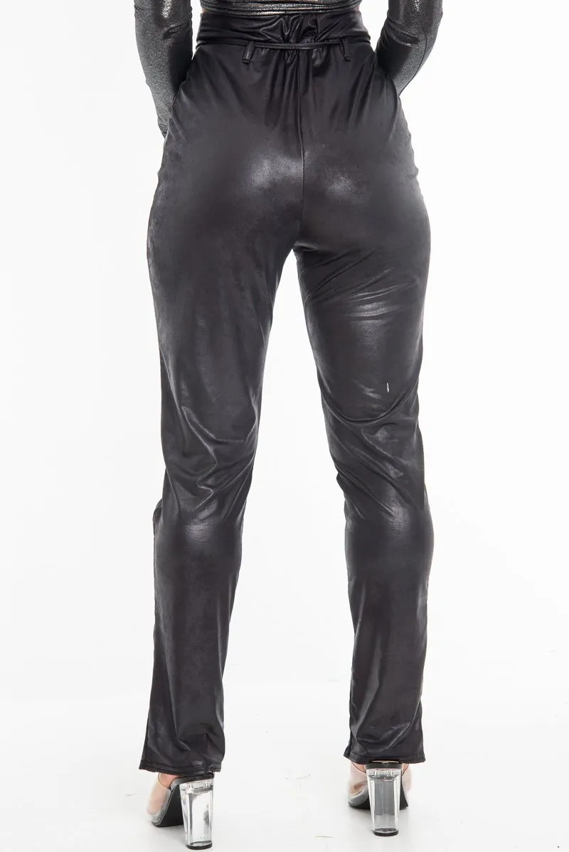 Black Coated Button Front Belted Skinny Trousers - Jade
