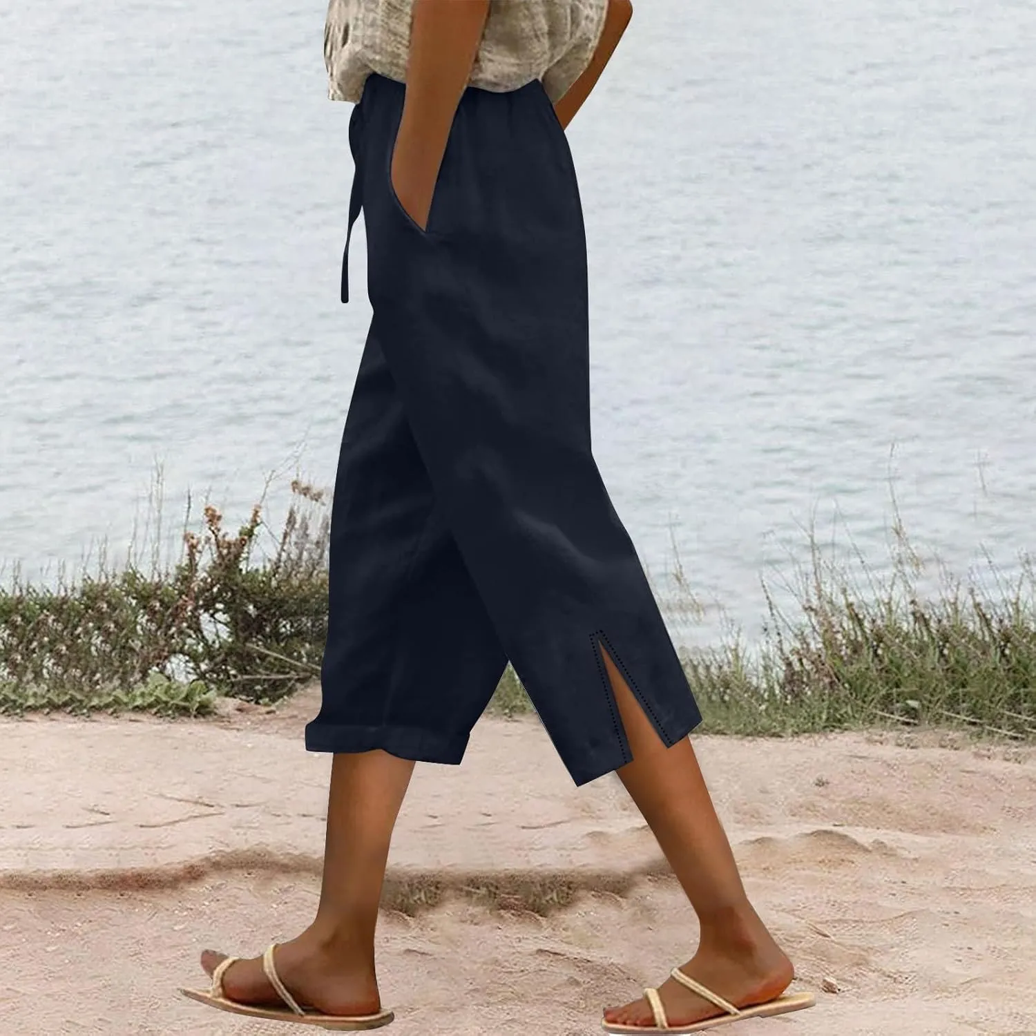 Capris Pants for Women Linen Cropped Pant High Waist Drawstring Casual Loose Summer Beach Trousers with Pocket