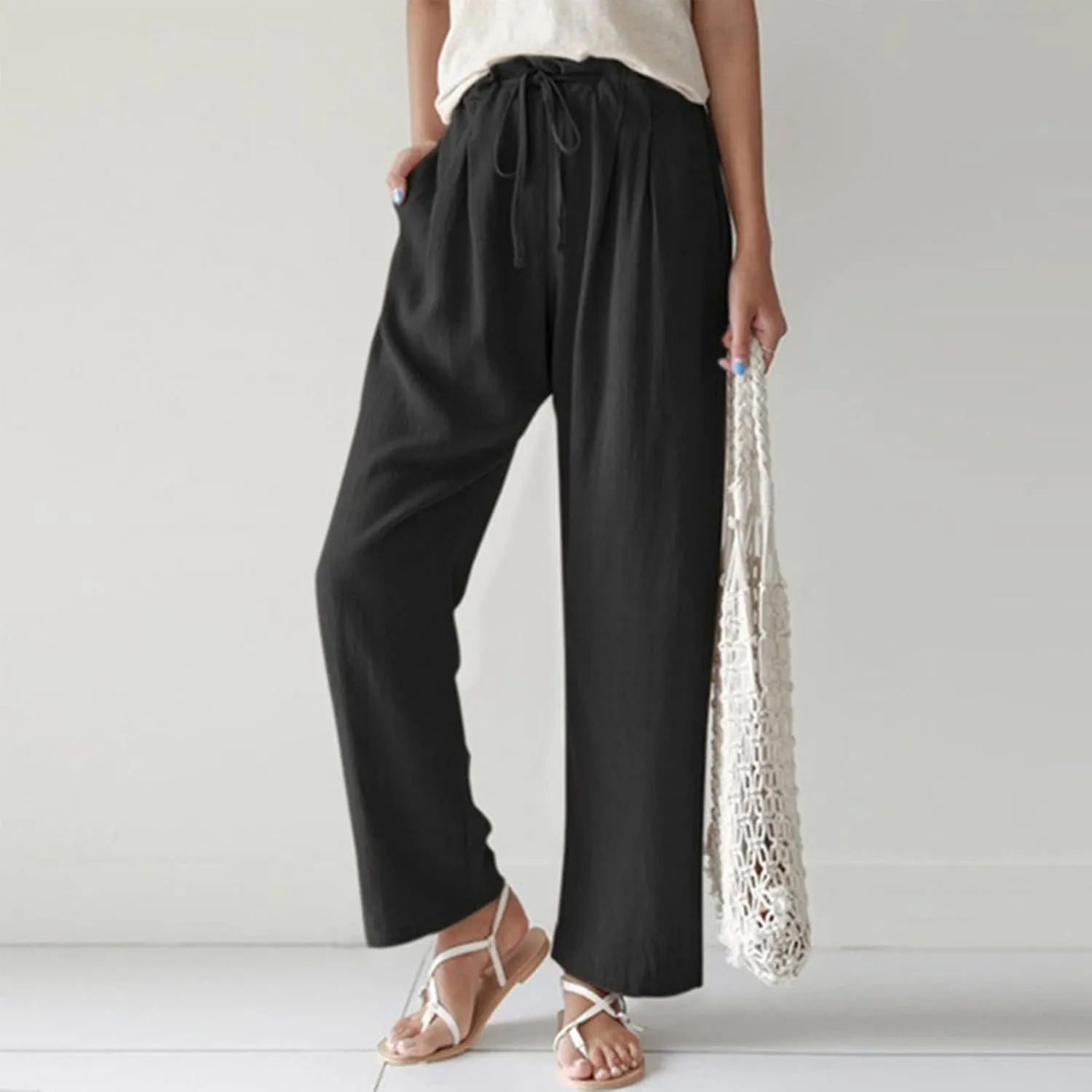 Cocoarm Women High Elastic Waist Pants Women Wide Leg Drawstring Long Lounge Pant Trousers with Pocket Women Soft Pants