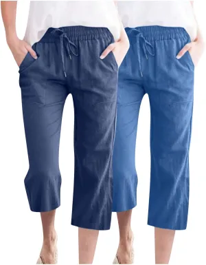 Cotton Linen Capris for Women Drawstring Elastic High Waist Cropped Pants Casual Loose Trouser 2 Pack