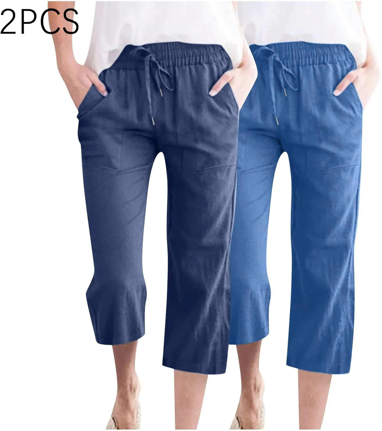 Cotton Linen Capris for Women Drawstring Elastic High Waist Cropped Pants Casual Loose Trouser 2 Pack