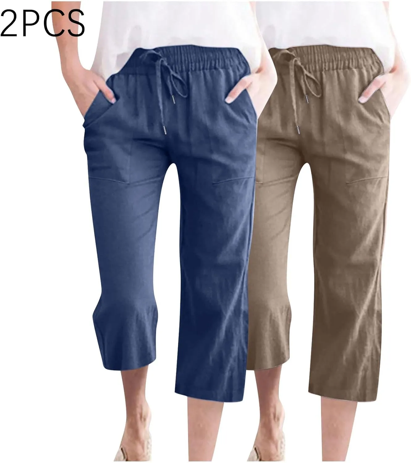 Cotton Linen Capris for Women Drawstring Elastic High Waist Cropped Pants Casual Loose Trouser 2 Pack