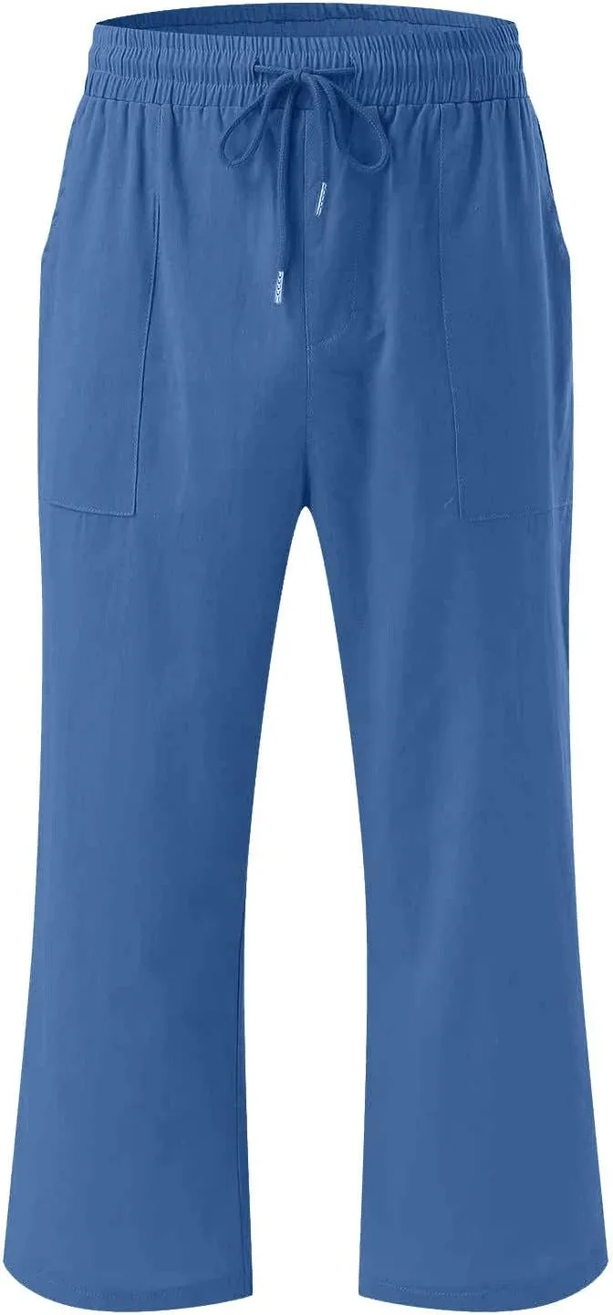 Cotton Linen Capris for Women Drawstring Elastic High Waist Cropped Pants Casual Loose Trouser 2 Pack