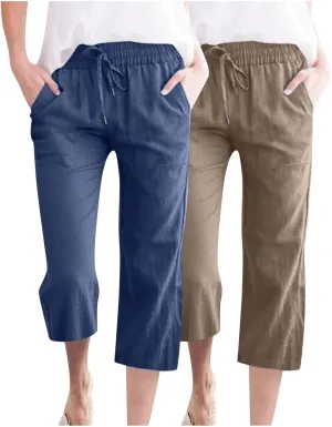 Cotton Linen Capris for Women Drawstring Elastic High Waist Cropped Pants Casual Loose Trouser 2 Pack