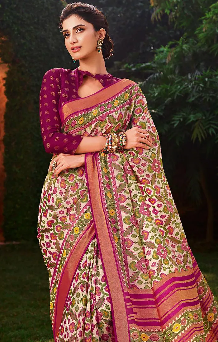 Designer Cream/Purple Brasso Printed Saree for Casual Wear (D439)