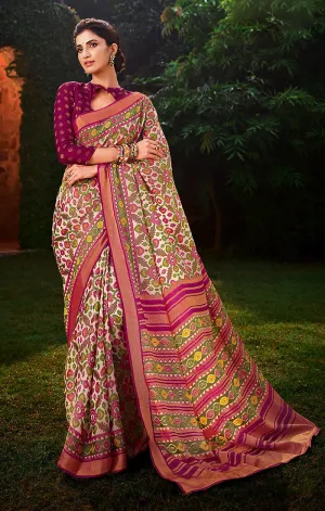 Designer Cream/Purple Brasso Printed Saree for Casual Wear (D439)