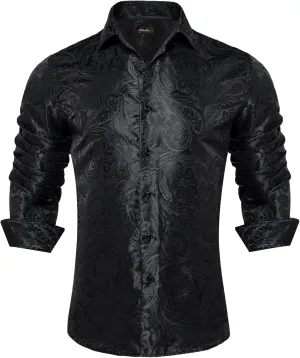 DiBanGu Silk Paisley Dress Shirts for Men Long Sleeve Button Down Shirt Casual Regular Fit Mens Shirts Wedding Party