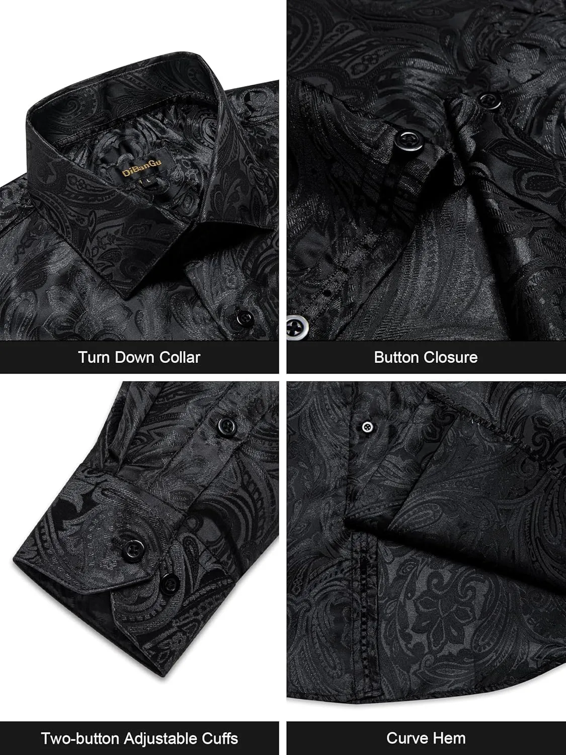 DiBanGu Silk Paisley Dress Shirts for Men Long Sleeve Button Down Shirt Casual Regular Fit Mens Shirts Wedding Party