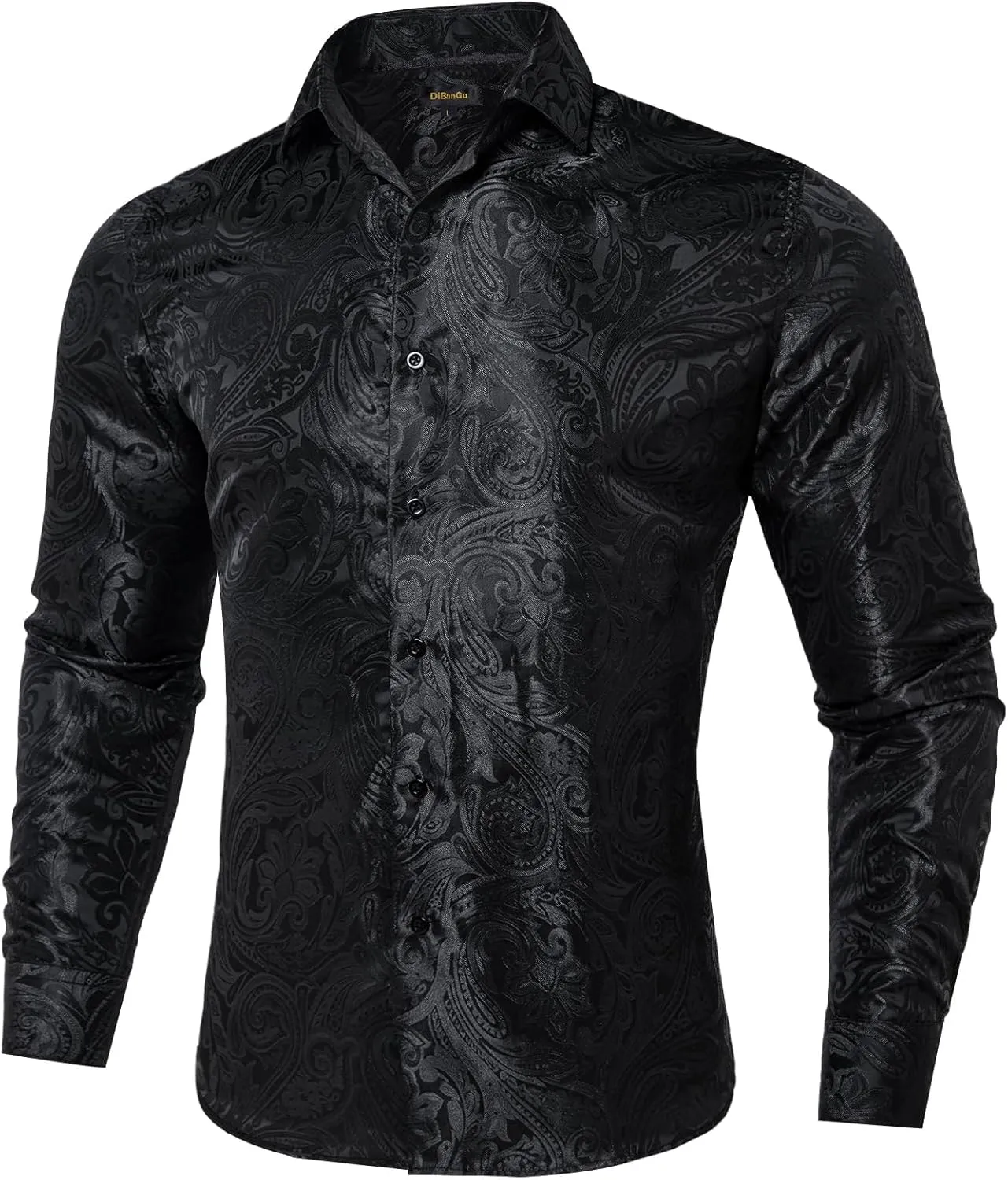 DiBanGu Silk Paisley Dress Shirts for Men Long Sleeve Button Down Shirt Casual Regular Fit Mens Shirts Wedding Party