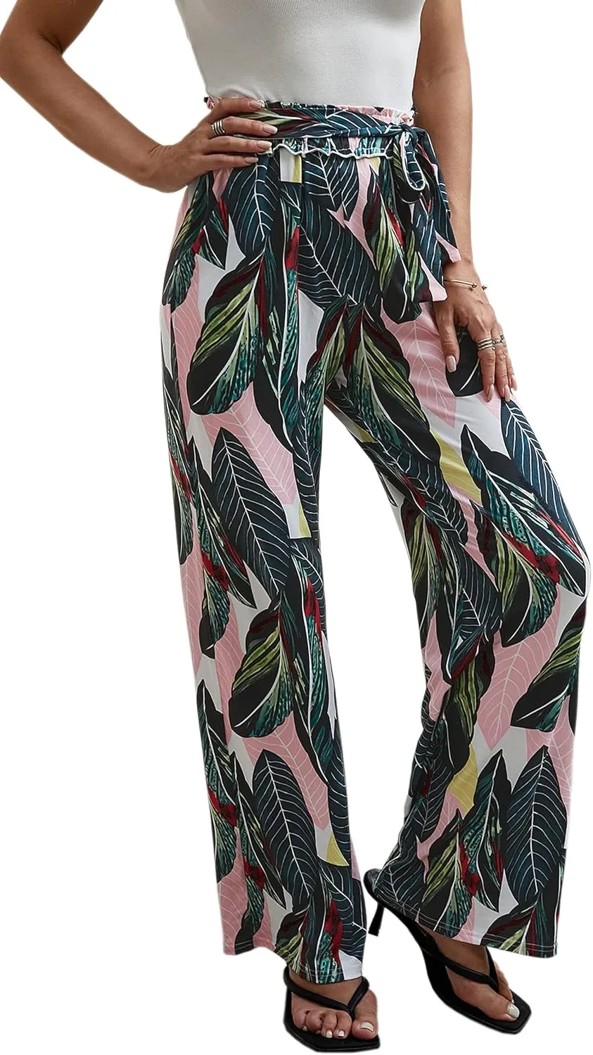 ECOWISH Wide Leg Pants for Women Summer 2025 Palazzo Tropical Floral Casual High Waist Flared Trousers with Pockets