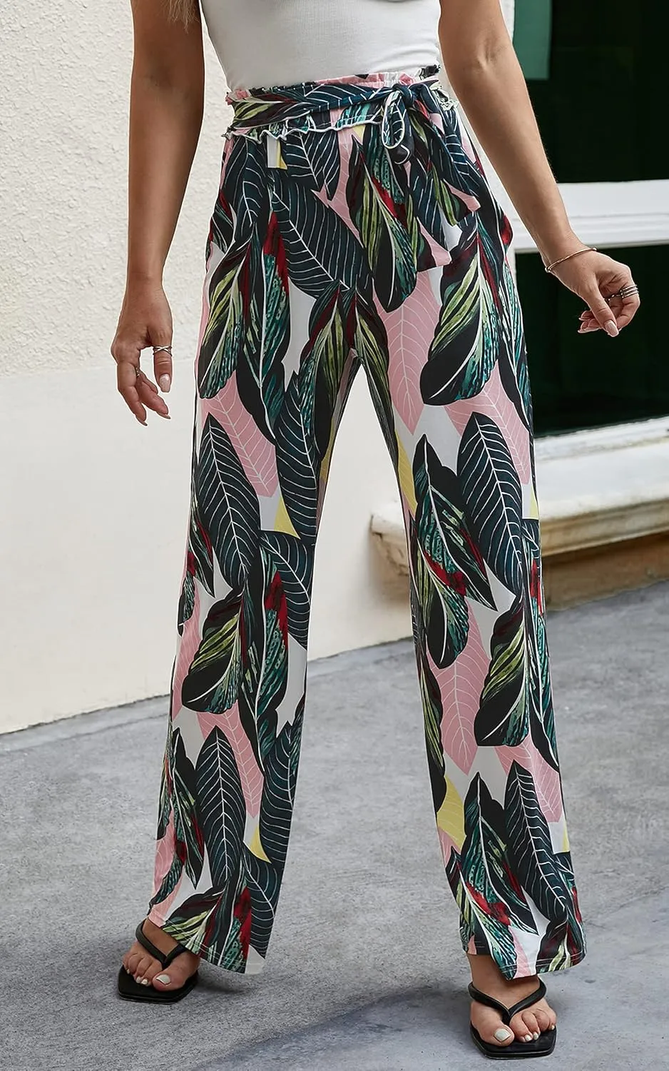 ECOWISH Wide Leg Pants for Women Summer 2025 Palazzo Tropical Floral Casual High Waist Flared Trousers with Pockets