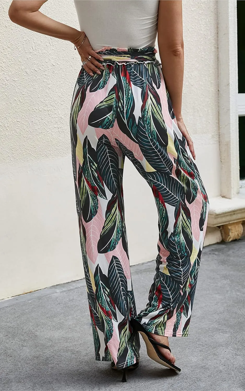 ECOWISH Wide Leg Pants for Women Summer 2025 Palazzo Tropical Floral Casual High Waist Flared Trousers with Pockets