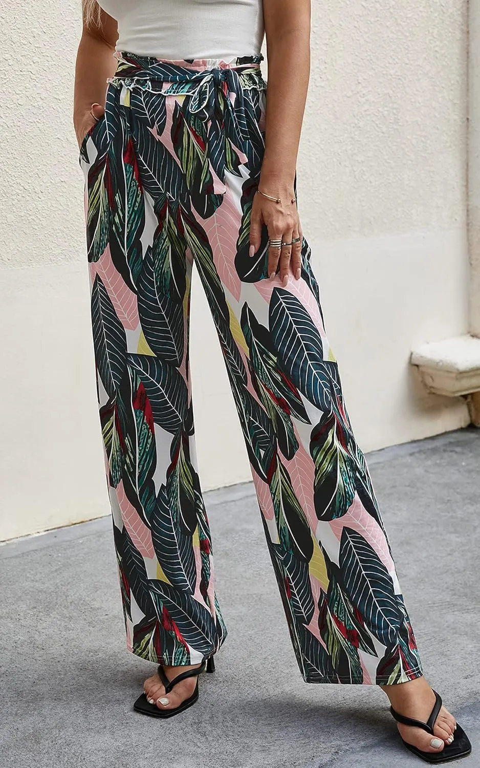 ECOWISH Wide Leg Pants for Women Summer 2025 Palazzo Tropical Floral Casual High Waist Flared Trousers with Pockets