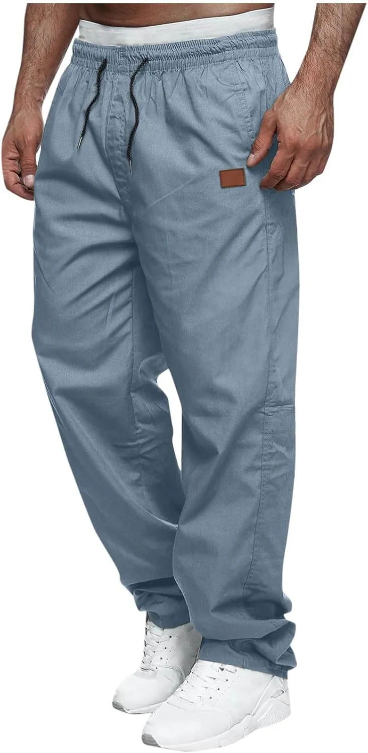 Elastic Waist Cotton Casual Pants Men Relaxed Pockets Summer Outdoor Daily Lounge Travel Hiking Breathable Durable